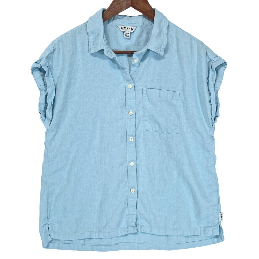 Orvis Linen Blend Shirt Women S Pastel Blue Cuffed Short Sleeve Button Up Preppy